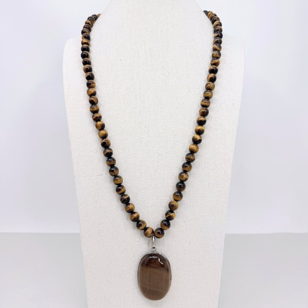 Vintage Tigers Eye Beaded Necklace Large Chunky Oval Cabochon Sterling Marked NC